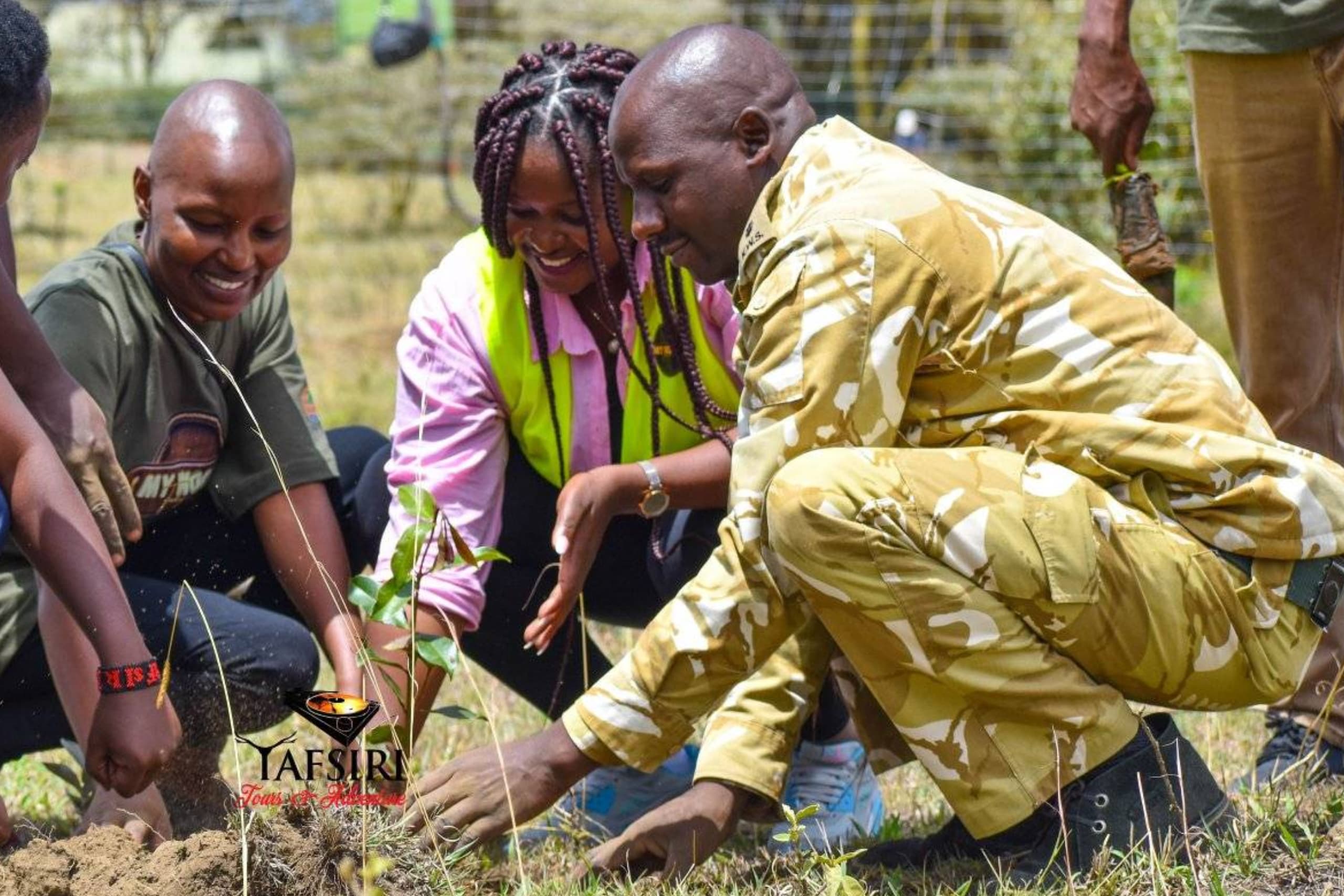 Four people planting tree seedlings